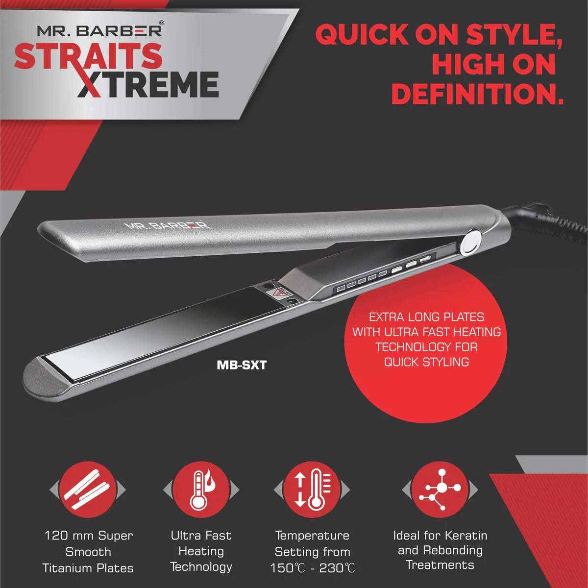 Mr. Barber MB-SXT Straits Xtreme, Super Smooth Titanium Plates, Professional Hair Straightener Flat Iron, Lifting & Voluminous Style (Black)