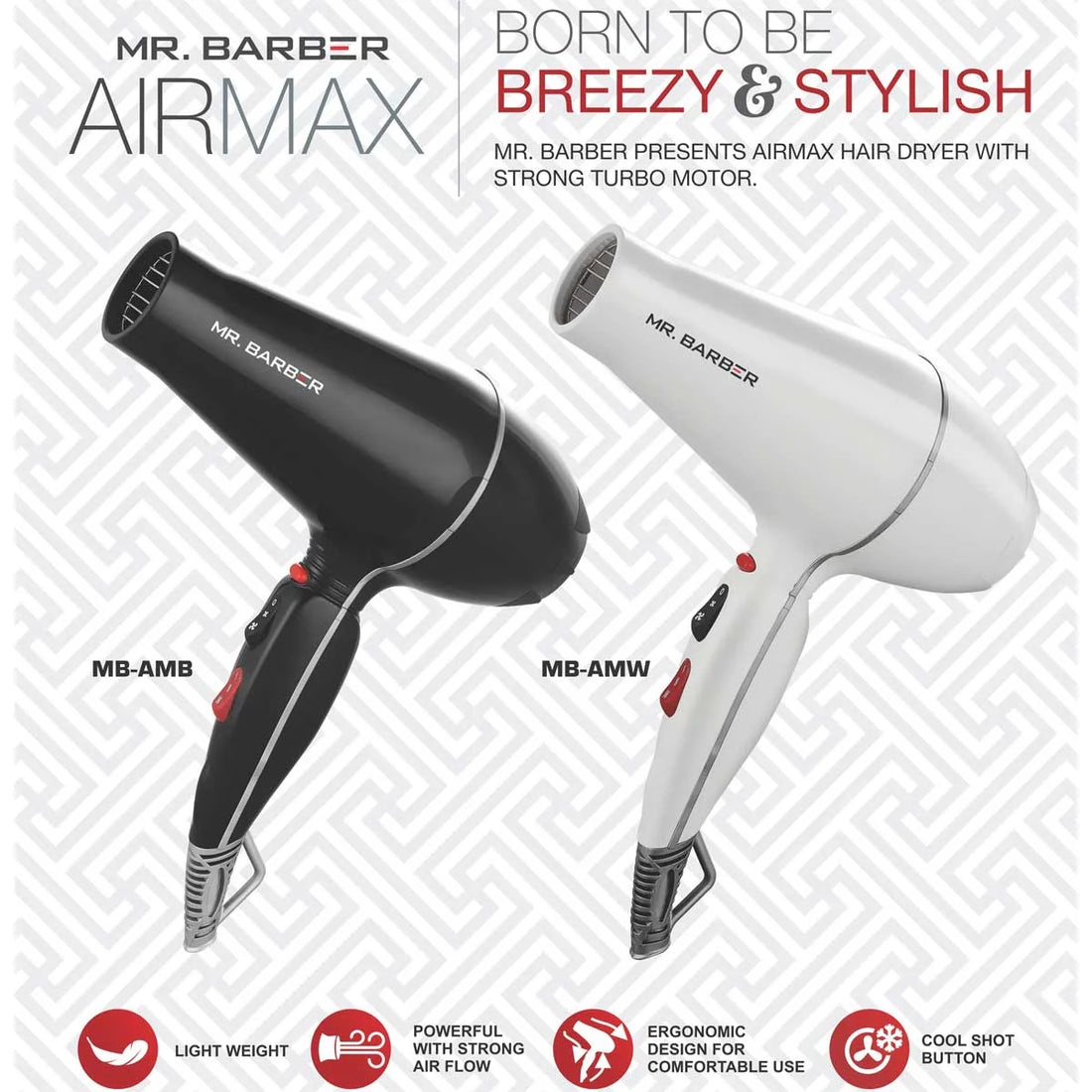 Mr. Barber MB-AMW Airmax with 2 Air Flow Detachable Nozzles Turbo Motor Powerful Professional Hair Dryer For Styling & Dressing 2400 Watts