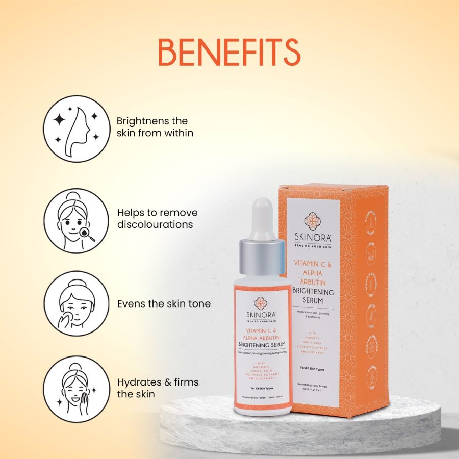 Skinora Vitamin C & Alpha Arbutin Brightening Serum| Moisturization and Skin Brightening| For All Skin Types