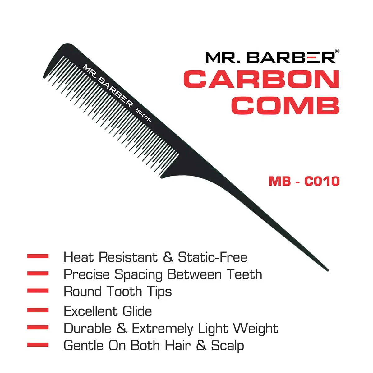 Mr. Barber Teasing Tail Comb MB-CO10 | Professional Precision Hair Styling Comb for Volume & Sectioning (1 Piece)
