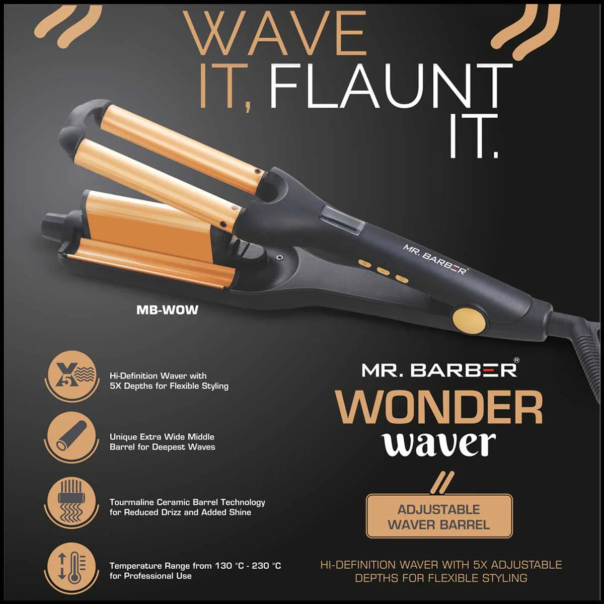 Mr. Barber Wonder Waver Hair Curling Tong with Adjustable Waver Barrel - Black - Tourmaline Technology