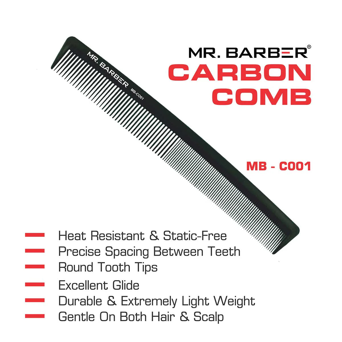 Mr. Barber Carbon Comb MB-CO01 | Heat-Resistant Professional Hair Styling Comb with Rounded Tips (1 Piece)