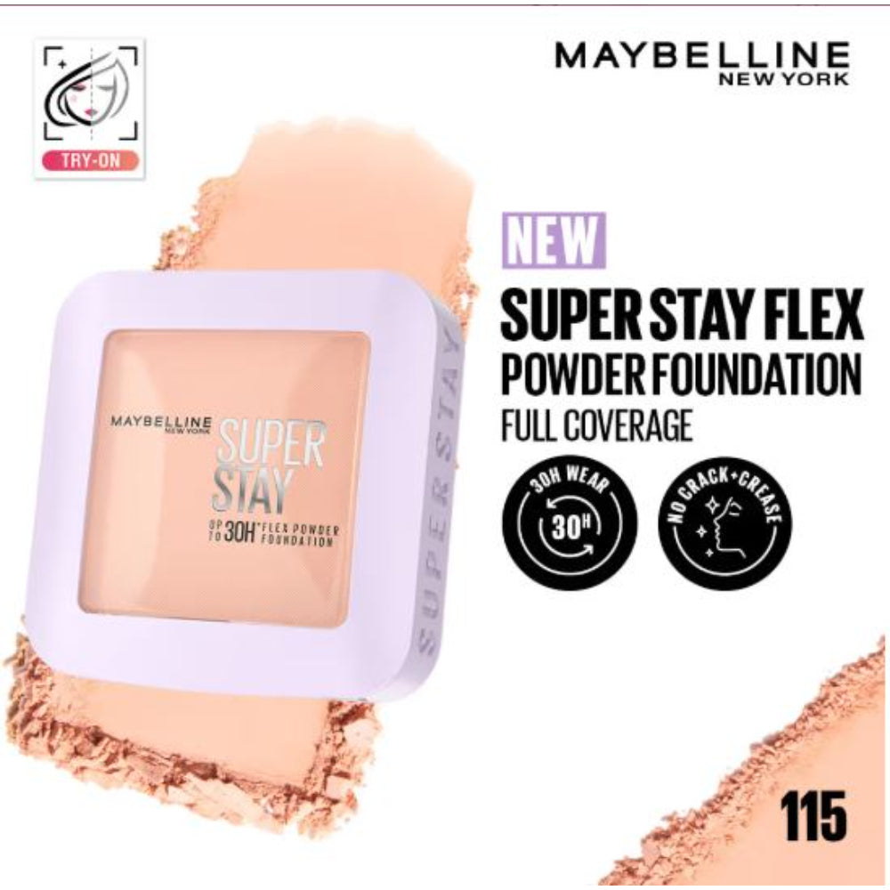 Maybelline New York Super Stay Flex Powder Foundation Compact-30H Full Cover-for Oily Skin (9g)