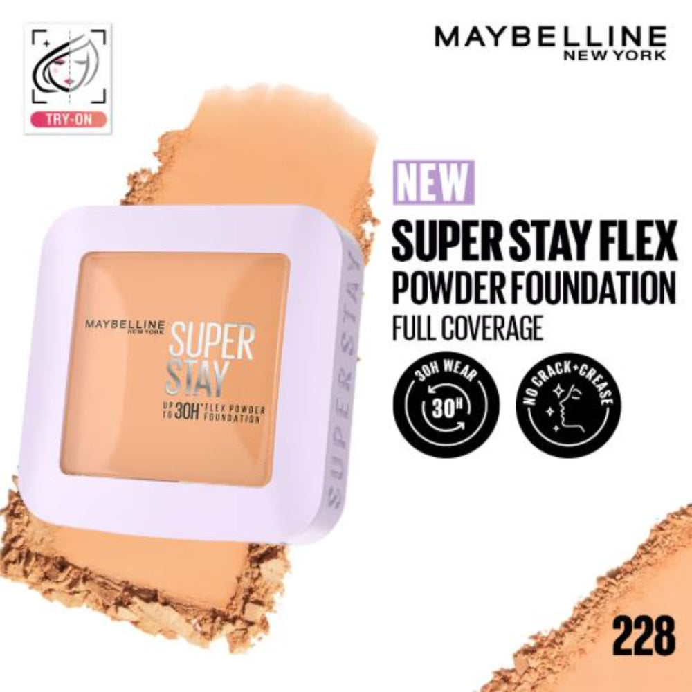 Maybelline New York Super Stay Flex Powder Foundation Compact-30H Full Cover-for Oily Skin (9g)