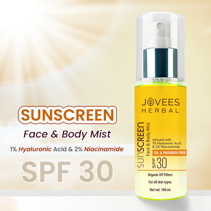 Jovees Sunscreen Face And Body Mist SPF 30 | Lightweight, Hyaluronic Acid, For All Skin Types, 100ml