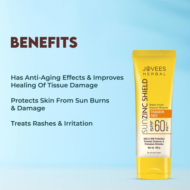 Jovees Sun Zinc Shield SPF 60 PA+++ Broad Spectrum | Matte Finish 100  g