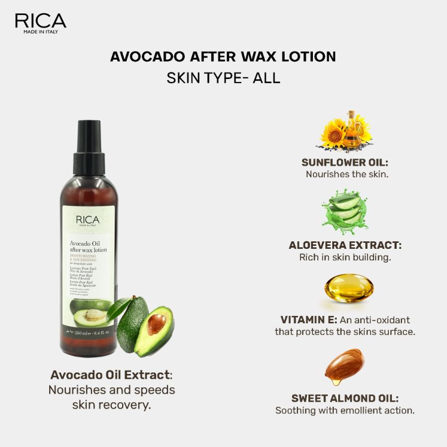 Rica Avocado Oil After Wax Lotion for Men & Women – Moisturizing & Soothing Post-Wax Care (250 ml) | Nourishes Sensitive Skin & Removes Wax Residue