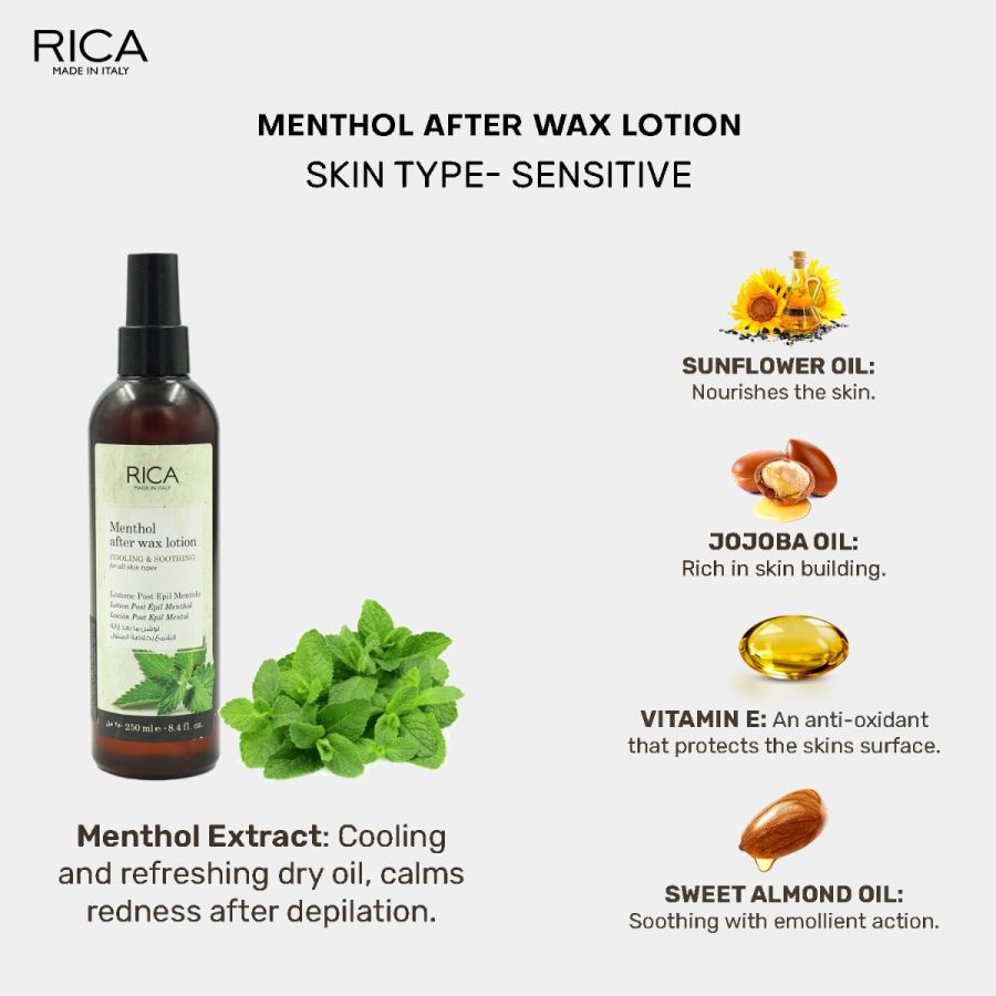 Rica Menthol After Wax Lotion for Men & Women with All Type Body Skin Care | Natural Ingredients - 250ml