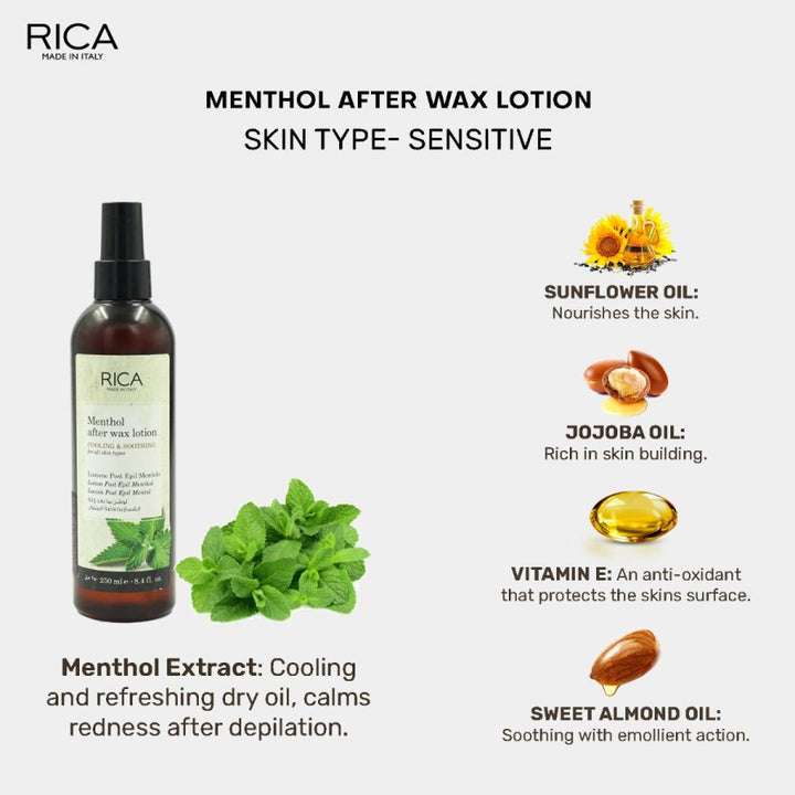 Rica Menthol After Wax Lotion for Men & Women with All Type Body Skin Care | Natural Ingredients - 250ml