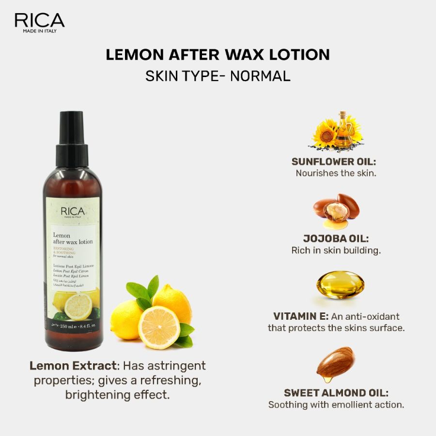 Rica Lemon After Wax Lotion | Post Waxing Cleansing for Normal Skin with Sun flower Oil, Jojoba Oil & Vitamin E - 250ml