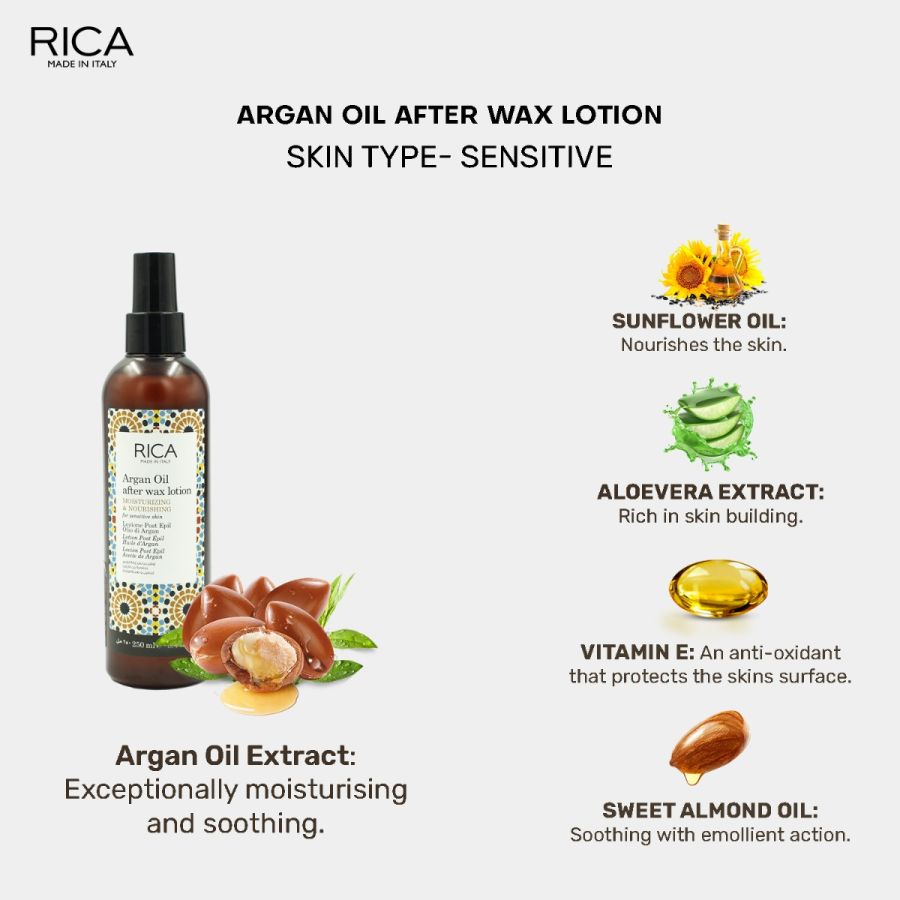 Rica After Wax Lotion with Argan Oil for Men & Women – Moisturizing & Nourishing Post-Wax Skin Care (250 ml) | Soothes & Hydrates Sensitive Skin