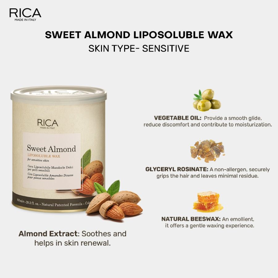 Rica Sweet Almond Liposoluble Painless Hair Removal Wax For Men & Women| Quick & Easy Tan Removal Waxing for Sensitive Skin| 800 ml, Pack of 1