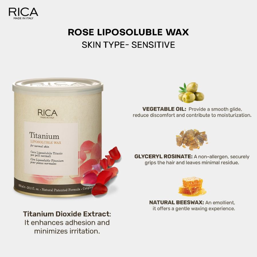 Rica Rose (Titanium) Liposoluble Wax for Women and Men | Quick Legs Hair Removal Waxing Treatment for Normal Skin - 800 ml