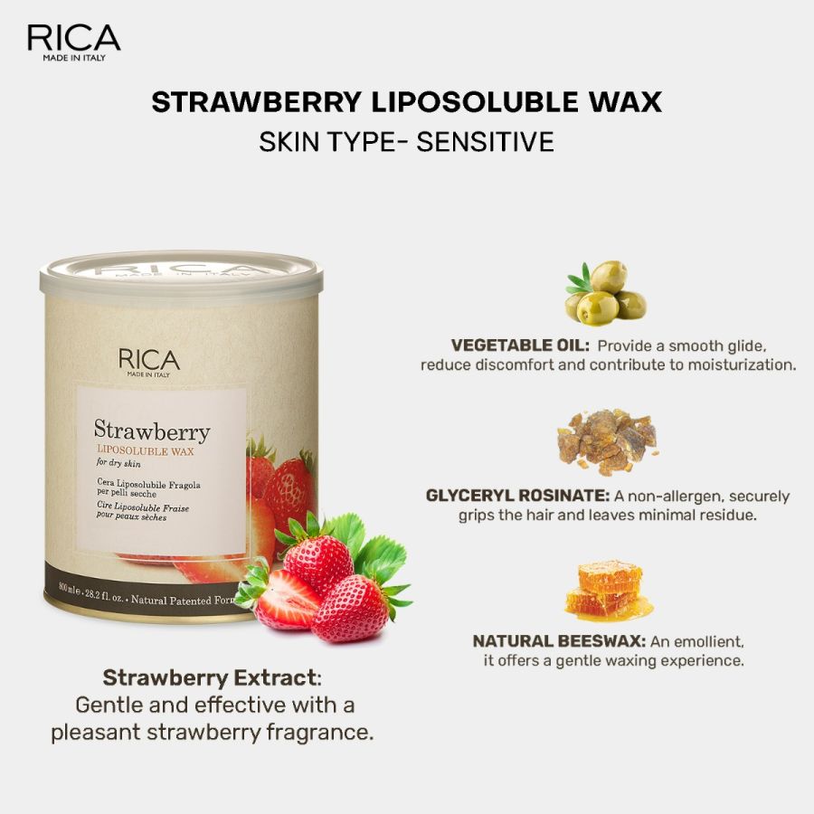 RICA Strawberry Liposoluble Soft Wax for Dry Skin Suitable for Men & Women Waxing Hair Removal Cream for Extra Smoothness (800ml)