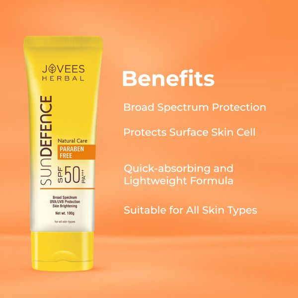 Jovees Sun Defence Cream SPF 50 PA+++ Broad Spectrum For All Skin Types | Protection From UVA/UVB & Sun Damaged