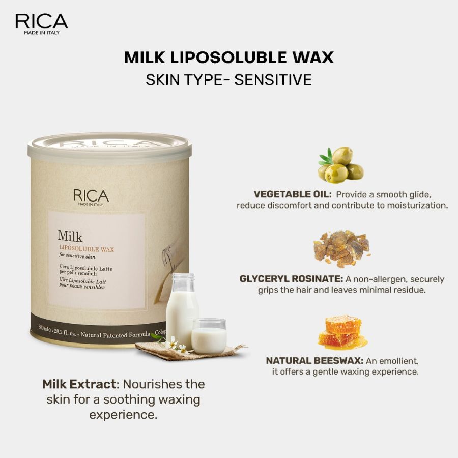 Rica Milk Liposoluble Painless Hair Removal Wax For Men & Women|Quick & Easy Tan Removal Waxing for Sensitive Skin| 800 ml, Pack of 1