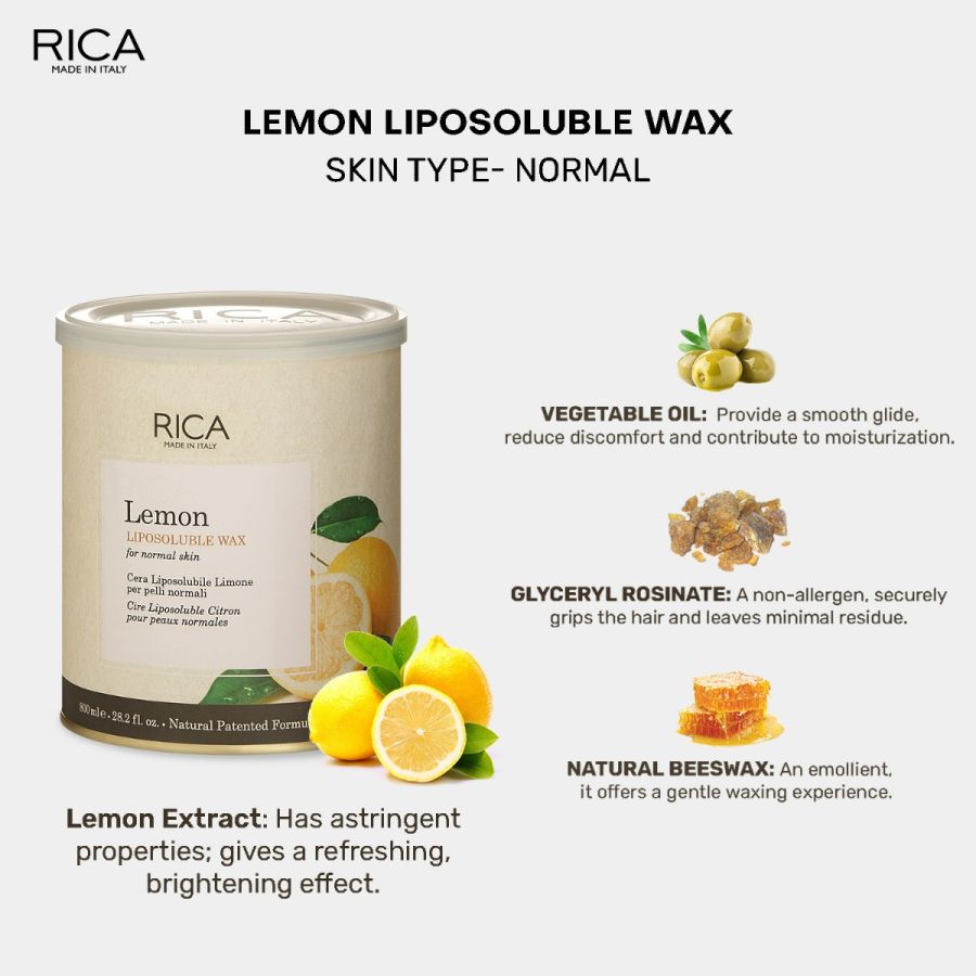 Rica Lemon Liposoluble Painless Hair Removal Wax For Men & Women| Quick & Easy Tan Removal Waxing for Normal Skin| 800 ml, Pack of 1