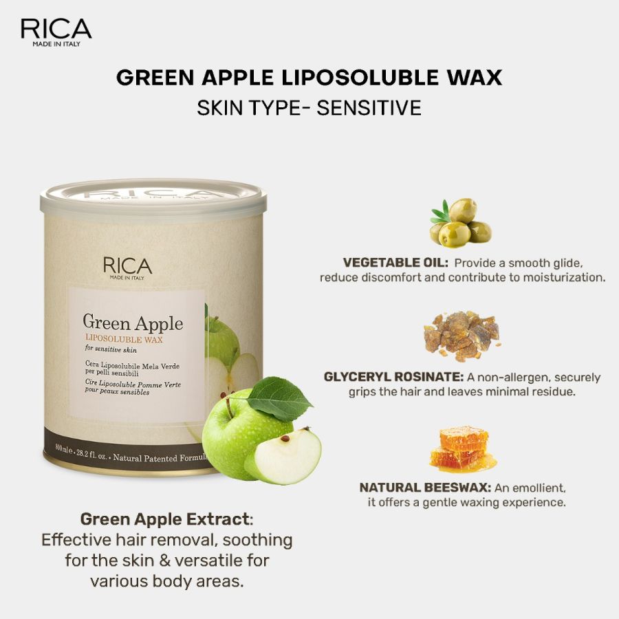 Rica Green Apple Liposoluble Wax For Arms, Underarms, Bikini Line, Upper lips & Sensitive Body Part Hair Removal Waxing Cream for Full Body (800 ml)