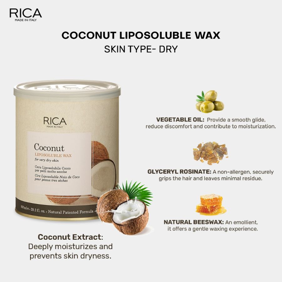 Rica Coconut Liposoluble Painless Hair Removal Wax For Men & Women| Quick & Easy Tan Removal Waxing for Very Dry Skin| 800 ml, Pack of 1
