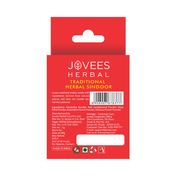 Jovees Traditional Dry Sindoor | Bright, Long Lasting & Natural - 3g