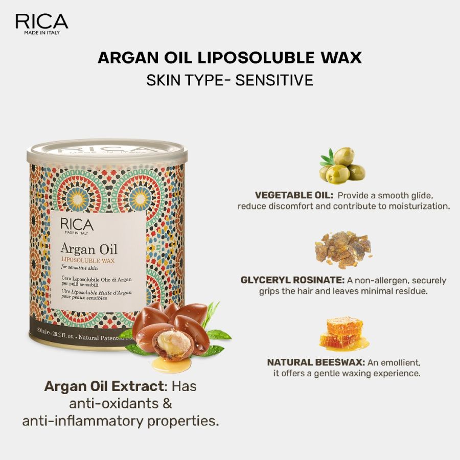 Rica Argan Liposoluble Painless Hair Removal Wax For Men & Women| Quick & Easy Tan Removal Waxing for Sensitive Skin| 800 ml, Pack of 1
