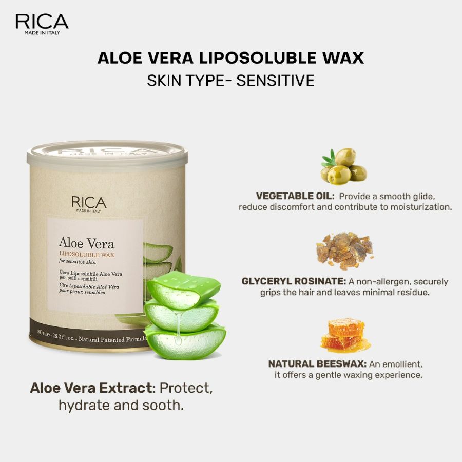 Rica Aloe Vera Liposoluble Painless Hair Removal Wax For Men & Women| Quick & Easy Tan Removal Waxing for Sensitive Skin| 800 ml, Pack of 1