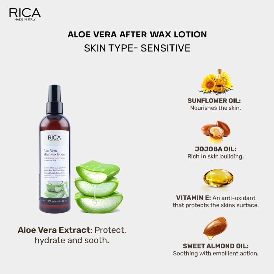 Rica Aloe Vera After Wax Body Lotion for Sensitive Skincare with Sun flower Oil, Jojoba Oil & Vitamin E - 250ml