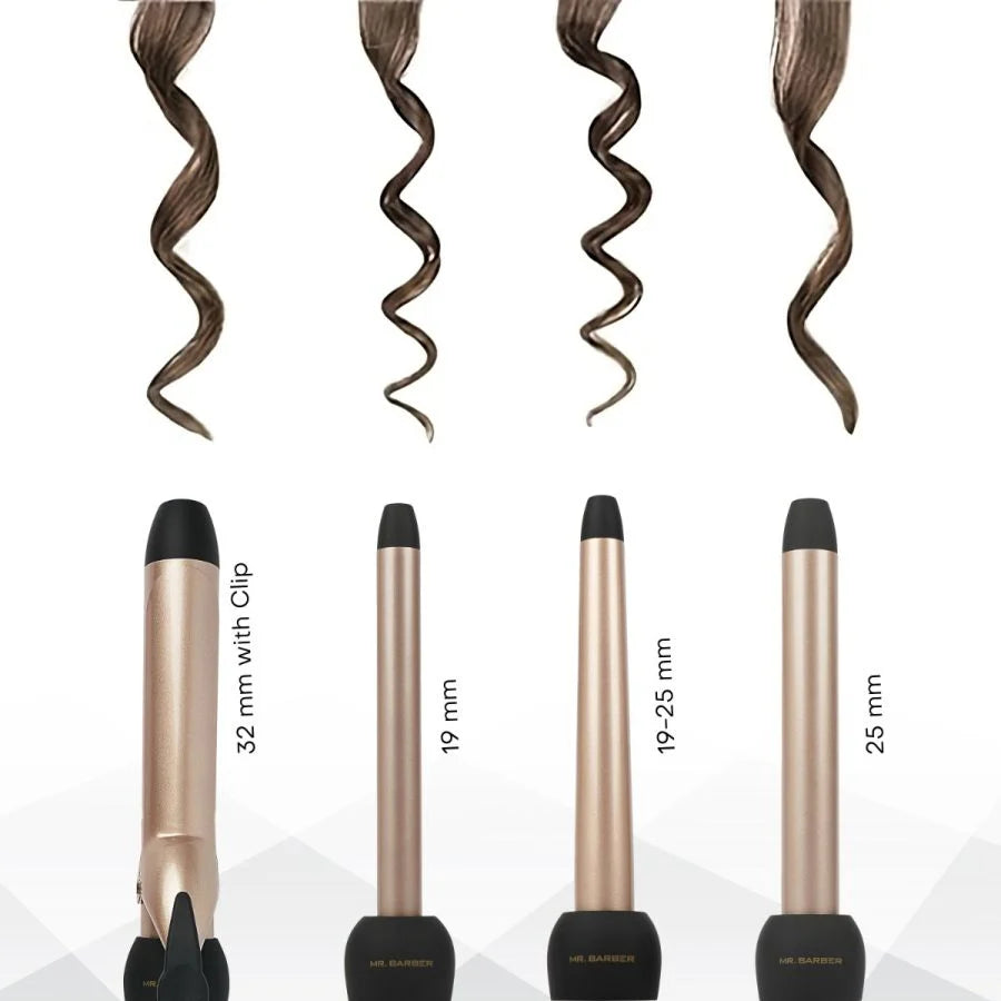 Mr. Barber 4-In-1 Multi Tong Hair Curler - Gold (MB-MLT) | Professional Multi Hair Styler Interchangeable Ceramic Barrels with Glove