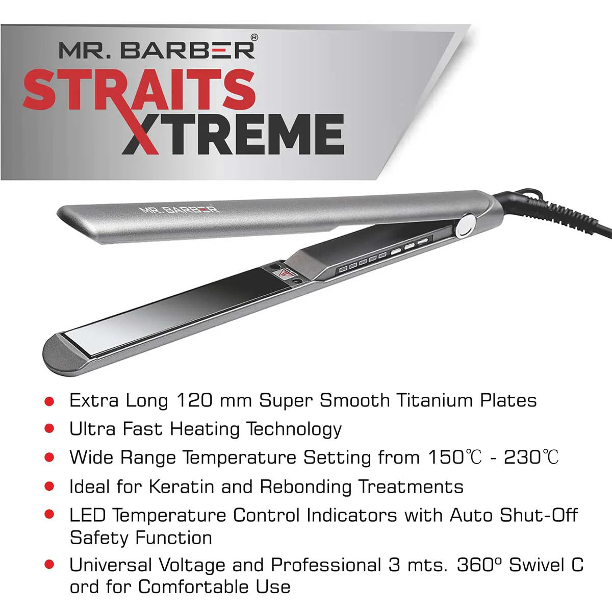 Mr. Barber MB-SXT Straits Xtreme, Super Smooth Titanium Plates, Professional Hair Straightener Flat Iron, Lifting & Voluminous Style (Black)