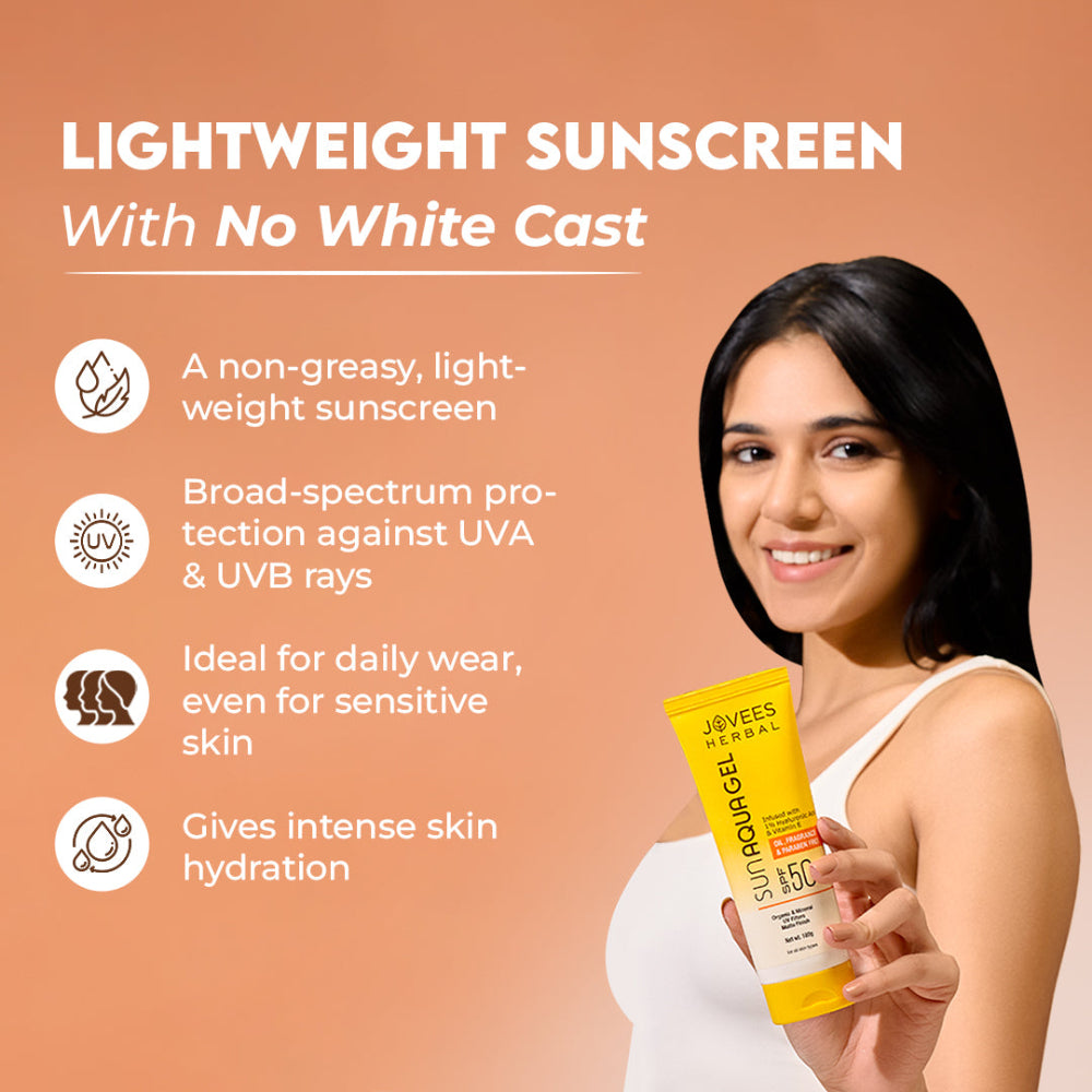 Jovees Sun Aqua Gel SPF 50 PA+++ | Lightweight, Gel Texture | 1% Hyaluronic Acid | Non-Greasy, No White Cast | Perfect for Oily & Combination Skin