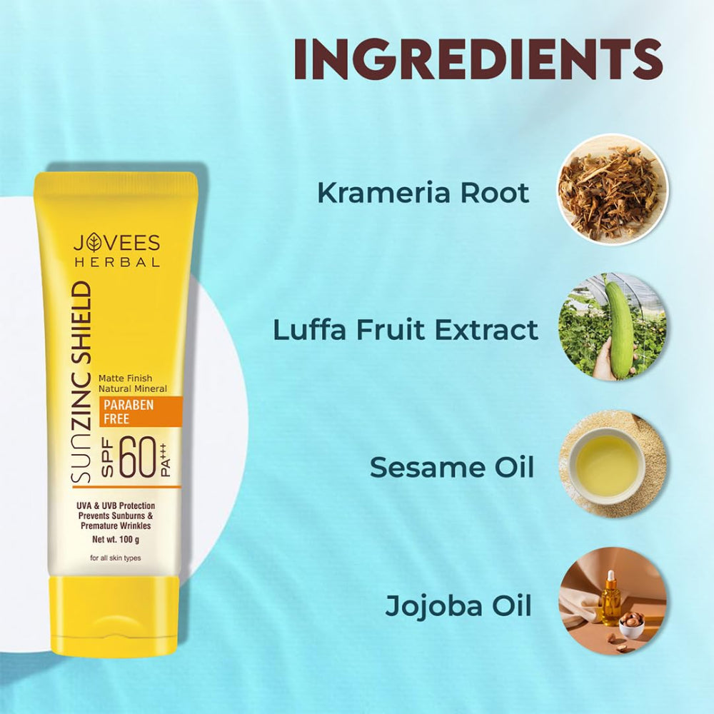 Jovees Sun Zinc Shield SPF 60 PA+++ Broad Spectrum | Matte Finish 100  g