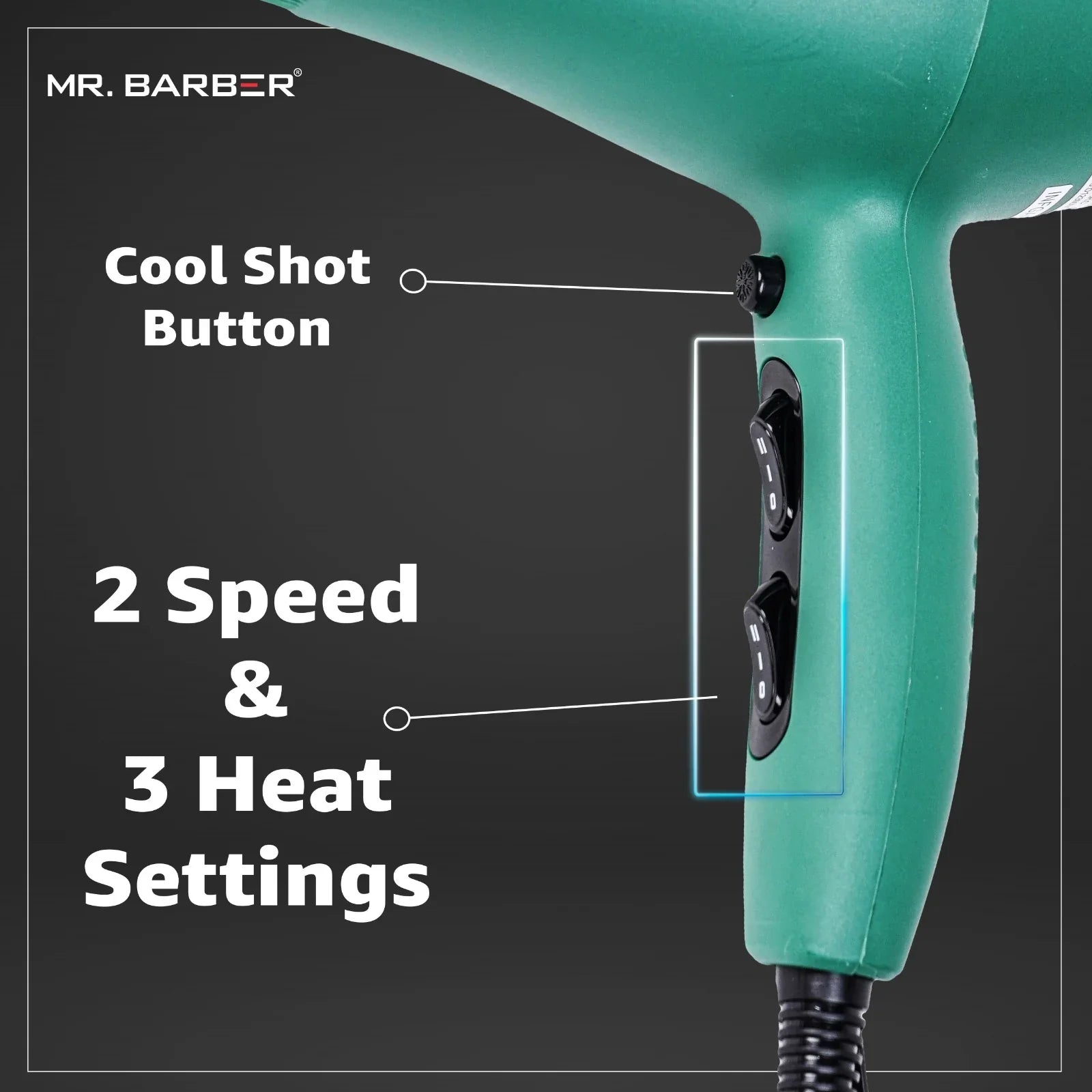 Mr. Barber 2400 Watts Infinity Pro Ionic Hair Dryer Ceramic Technology With 3-Heat Settings & 2-Speed Settings For Professional Styling (Green)