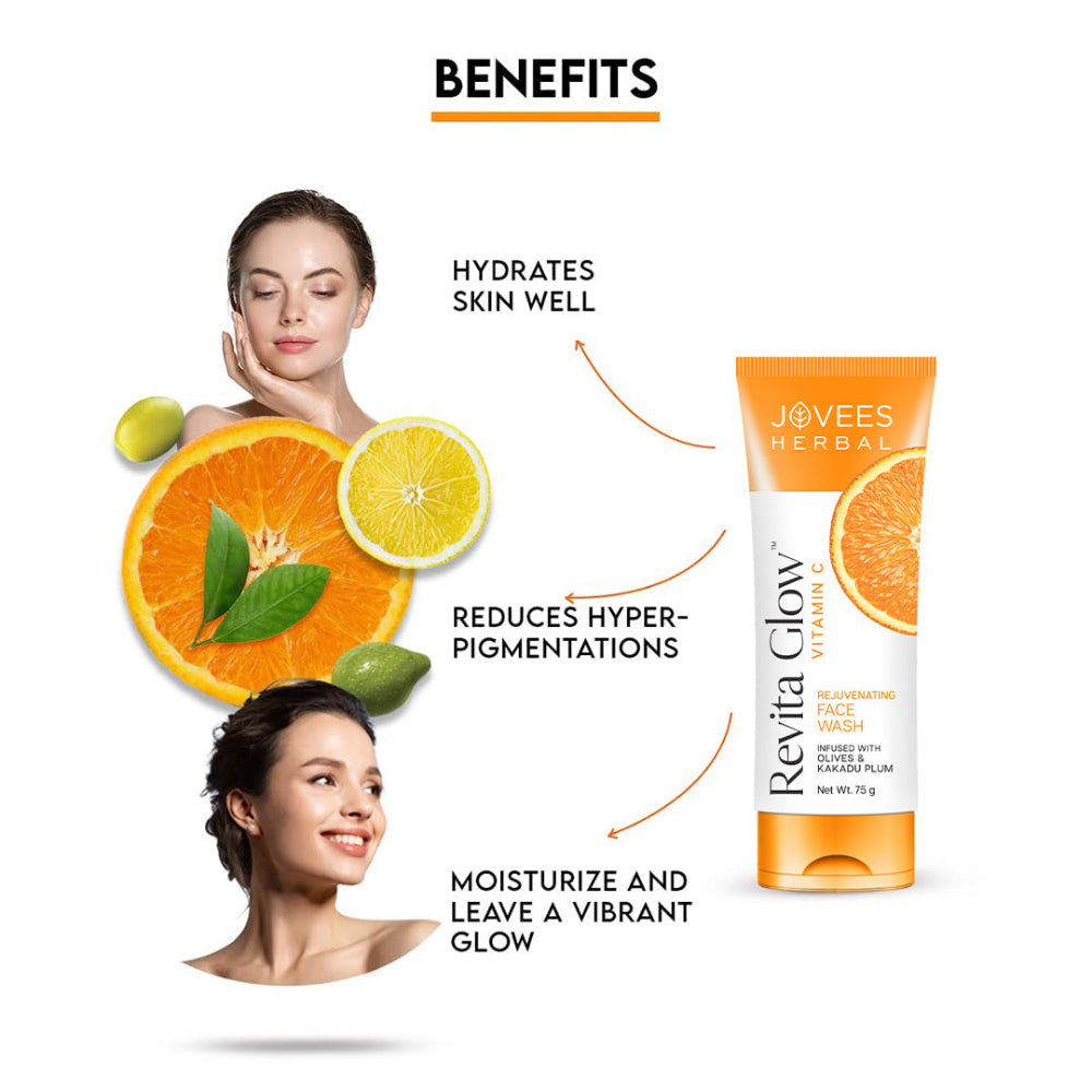 Jovees Revita Glow Vitamin C Face Wash With Olives & Kakadu Plum For Hyperpigmentation And Uneven Skin Tone 75 g