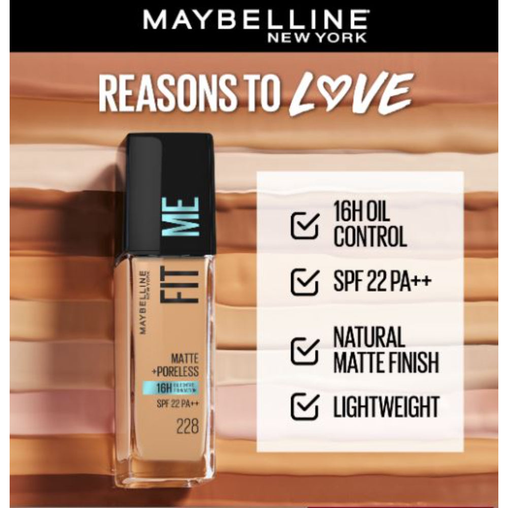 Maybelline New York Fit Me Matte+Poreless 16H Oil Control Foundation With SPF 22 PA++ (30ml)