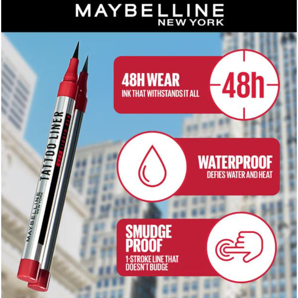 Maybelline New York High Impact Tattoo Pen Liner, Lasts Up To 48H - Black, Water & Smudge-proof (1g)