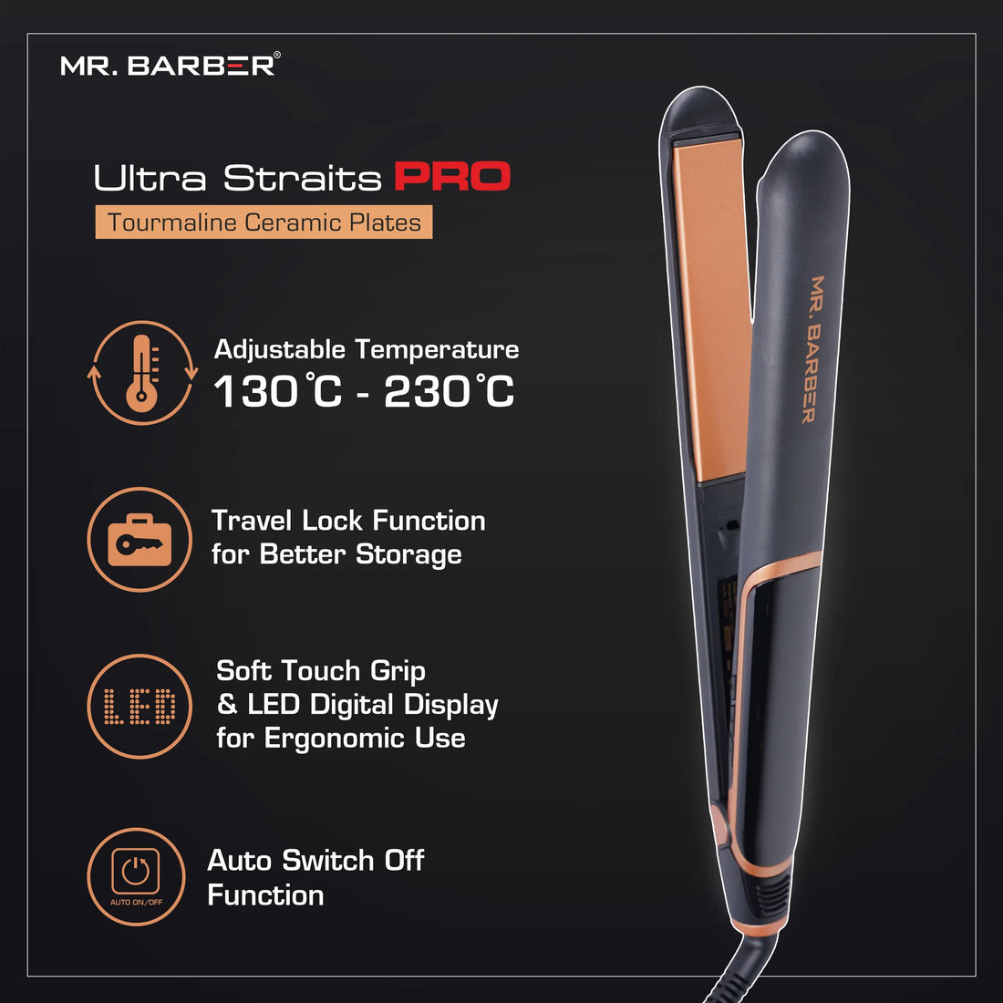 Mr. Barber Ultra Straits Pro Hair Straightener With Anti-Static Technology & Flat Ceramic Iron (Black)