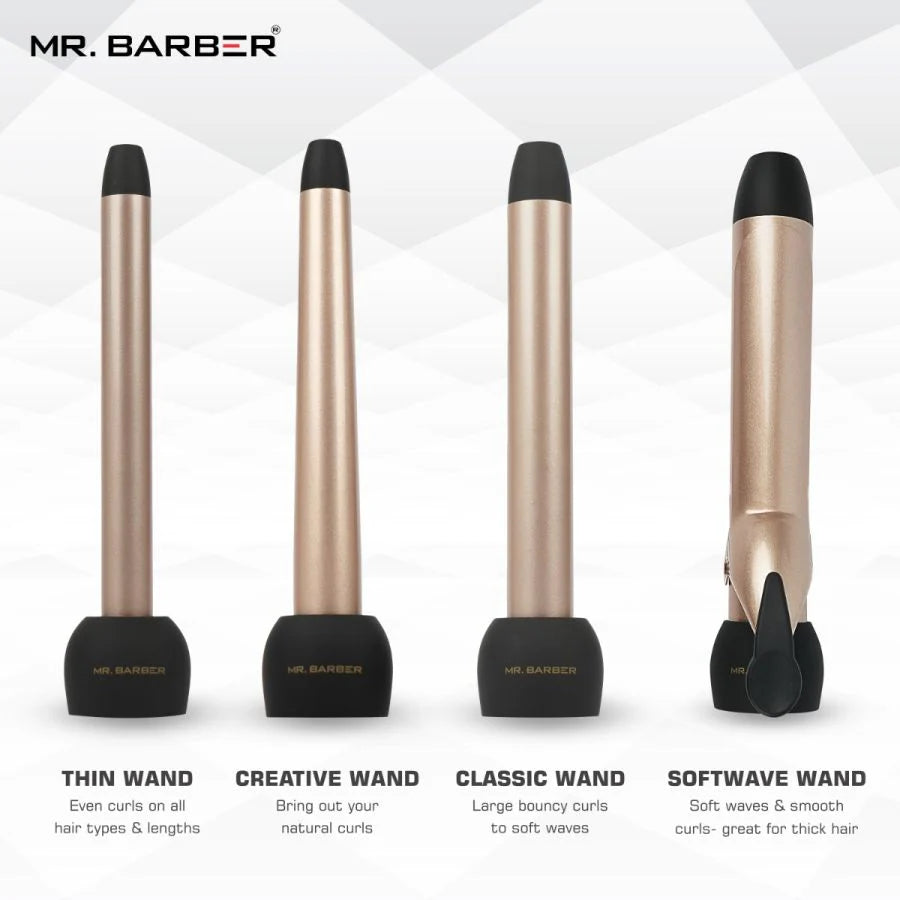 Mr. Barber 4-In-1 Multi Tong Hair Curler - Gold (MB-MLT) | Professional Multi Hair Styler Interchangeable Ceramic Barrels with Glove