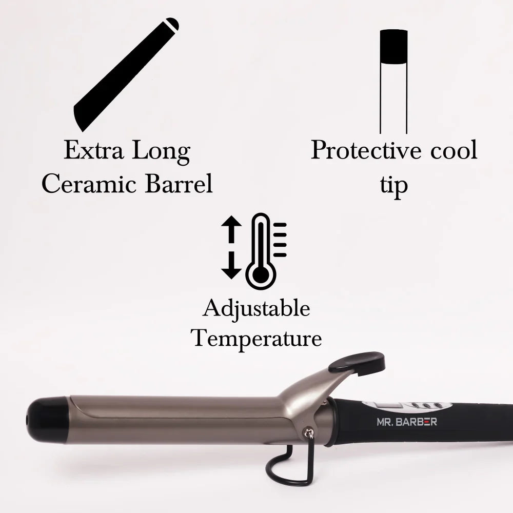 Mr. Barber Curl On Conical Tong 32mm Ceramic Infused Barrel, Hair Curling Tong - Black Hair Curler