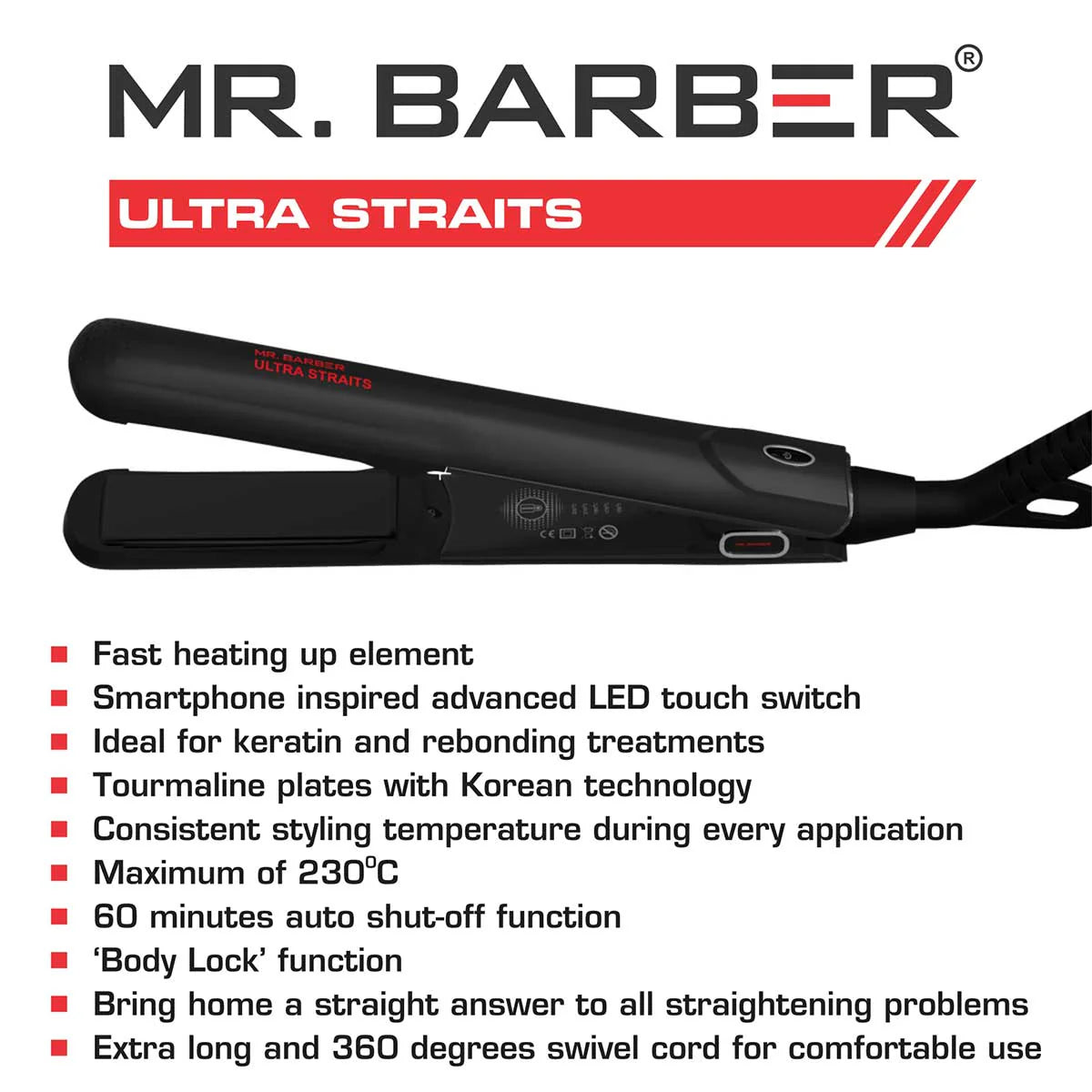 Mr Barber Ultra Straits, Tourmaline Ceramic Plates, Professional Hair Straightener - Black Flat Iron