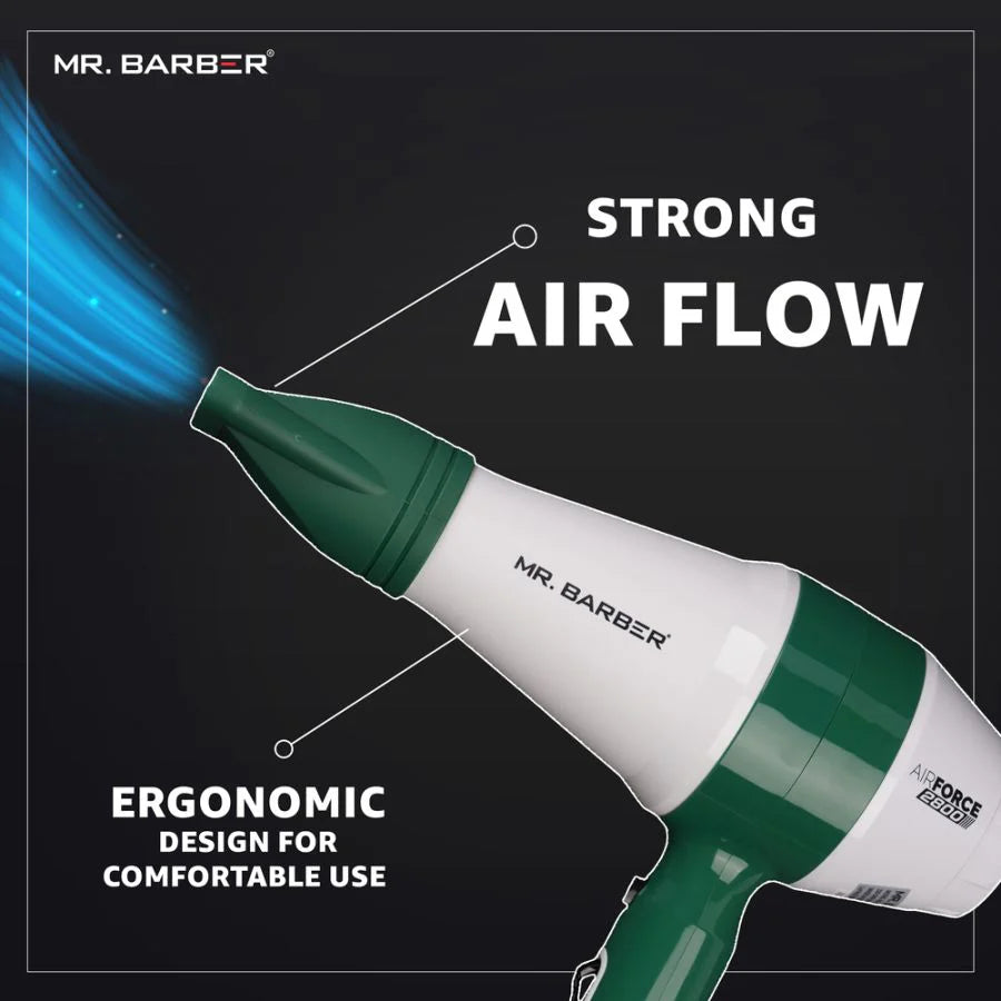Mr. Barber Air Force 2800 Hair Dryer 2000W | Powerful AC Motor, Fast Drying, Heat Protection, Professional Salon Hair Dryer (MB-AFG)