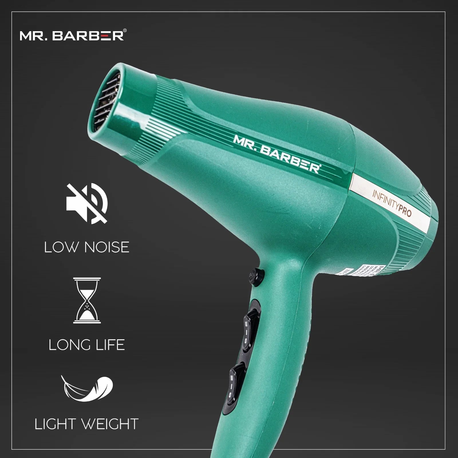 Mr. Barber 2400 Watts Infinity Pro Ionic Hair Dryer Ceramic Technology With 3-Heat Settings & 2-Speed Settings For Professional Styling (Green)