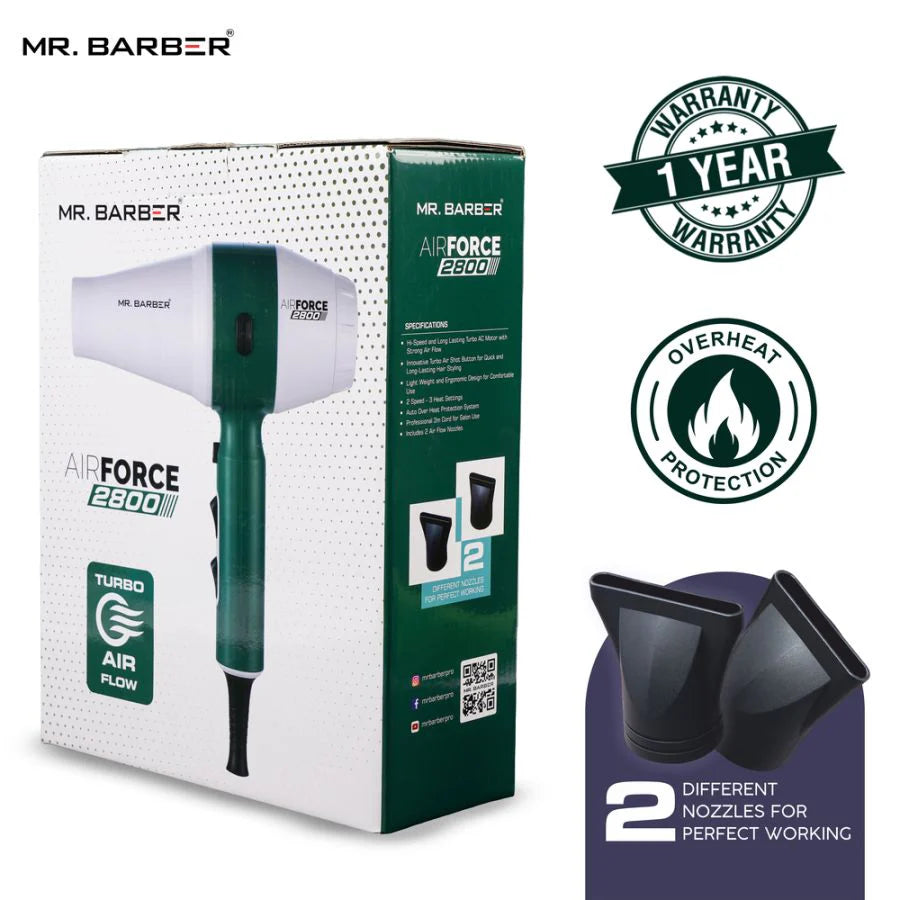 Mr. Barber Air Force 2800 Hair Dryer 2000W | Powerful AC Motor, Fast Drying, Heat Protection, Professional Salon Hair Dryer (MB-AFG)