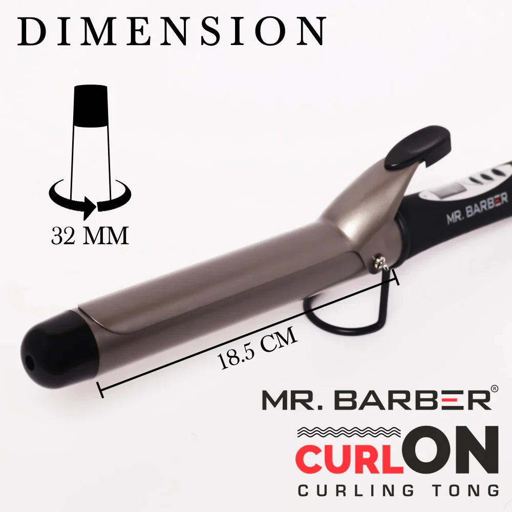 Mr. Barber Curl On Conical Tong 32mm Ceramic Infused Barrel, Hair Curling Tong - Black Hair Curler