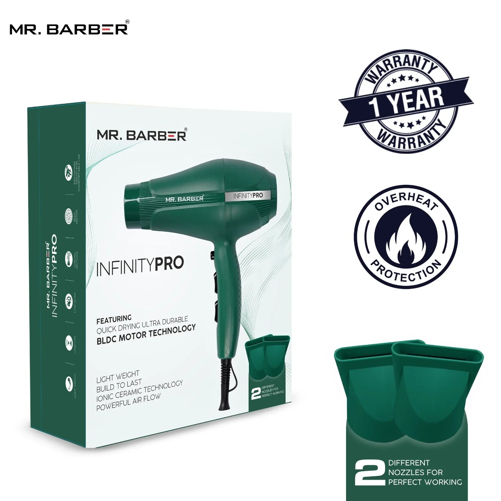 Mr. Barber 2400 Watts Infinity Pro Ionic Hair Dryer Ceramic Technology With 3-Heat Settings & 2-Speed Settings For Professional Styling (Green)