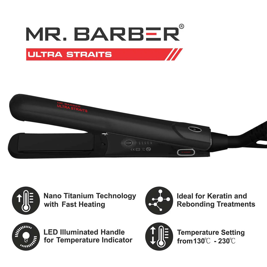 Mr Barber Ultra Straits, Tourmaline Ceramic Plates, Professional Hair Straightener - Black Flat Iron