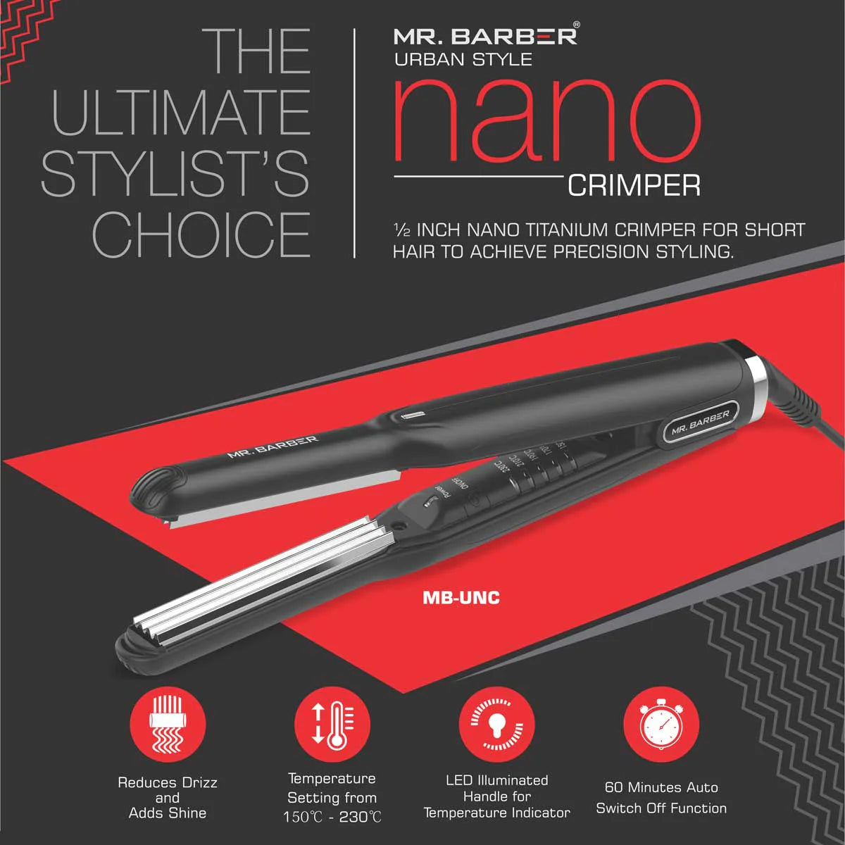 Mr. Barber Urban Style Nano Crimper - Nano Titanium Crimper - Black - Professional Crimper