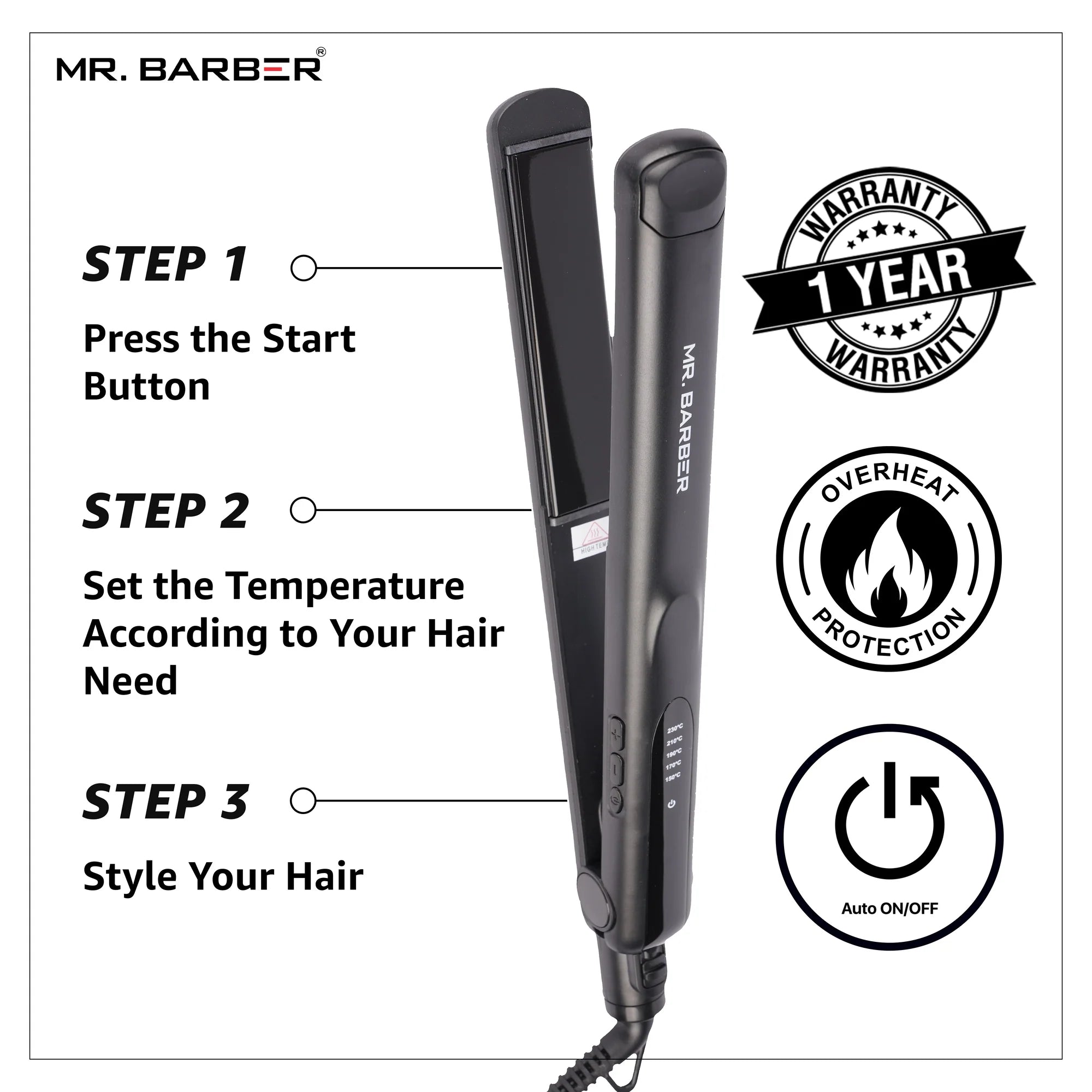 Mr. Barber Elite Hair Straightener With Supremely Advanced Technology & Automatic Sleep Mode (Black)