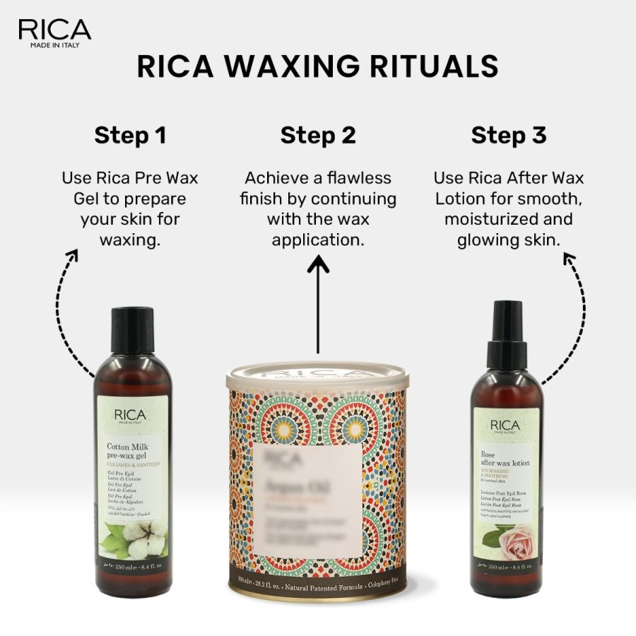 Rica Cotton Milk Pre Wax Gel Cleansing Waxing Hair Cleaning with Naural Extracts for Hydration & Softening Skin - 250ml