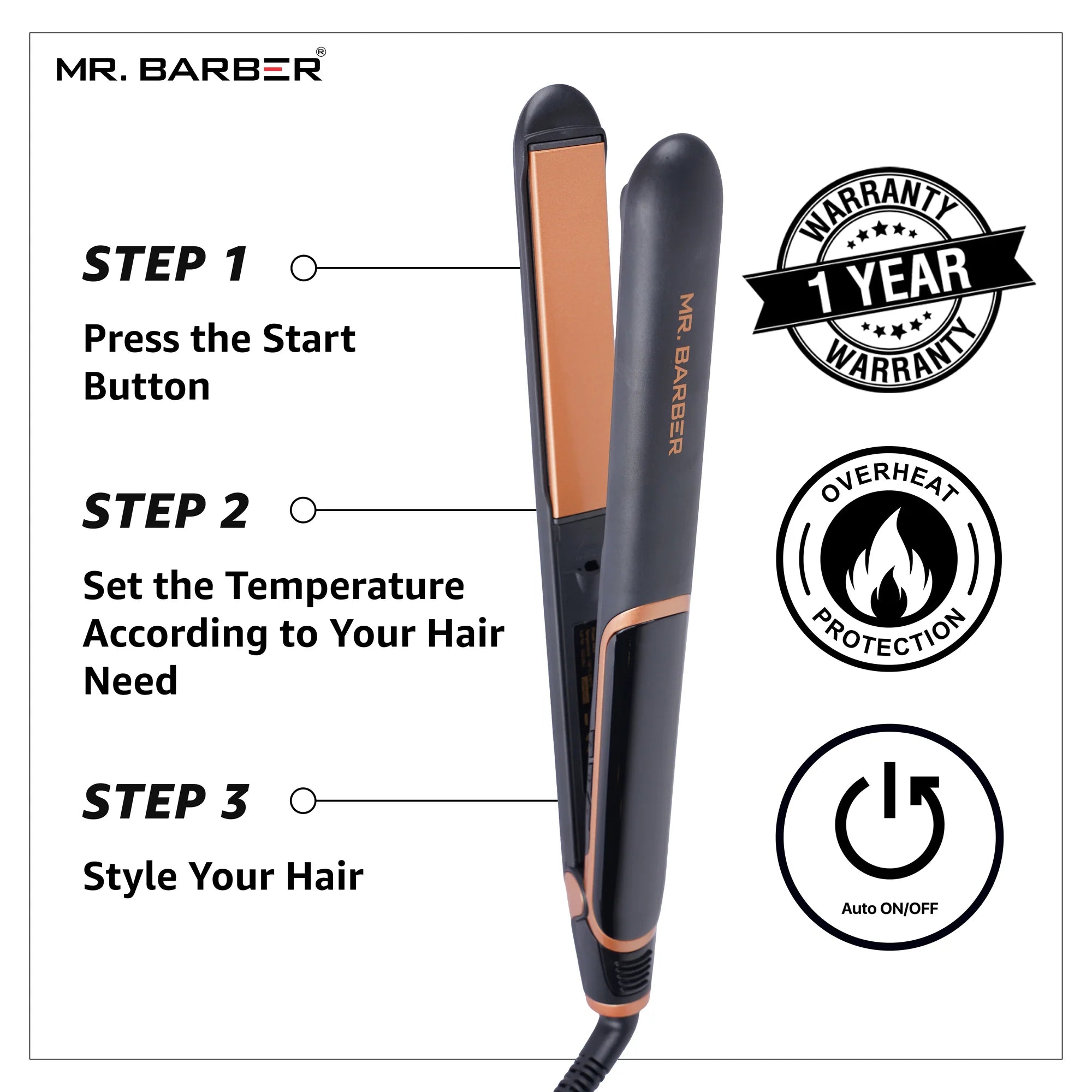 Mr. Barber Ultra Straits Pro Hair Straightener With Anti-Static Technology & Flat Ceramic Iron (Black)