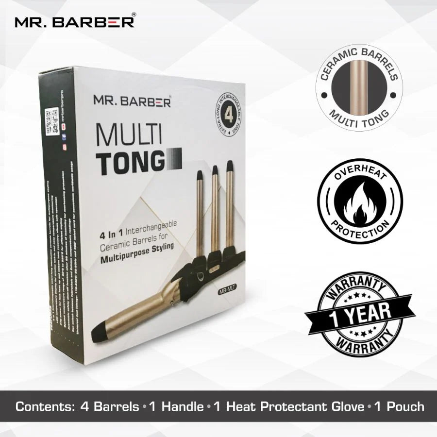 Mr. Barber 4-In-1 Multi Tong Hair Curler - Gold (MB-MLT) | Professional Multi Hair Styler Interchangeable Ceramic Barrels with Glove